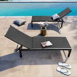 2-Pieces Black Aluminum Outdoor Chaise Lounge Chairs