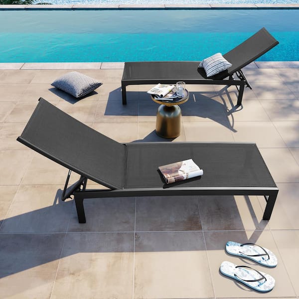 Crestlive Products 2-Pieces Black Aluminum Outdoor Chaise Lounge Chairs