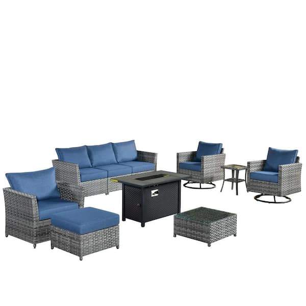 Eufaula Gray 10-Piece Wicker Patio Fire Pit Conversation Sofa Set with Swivel Rocking Chairs and Denim Blue Cushions
