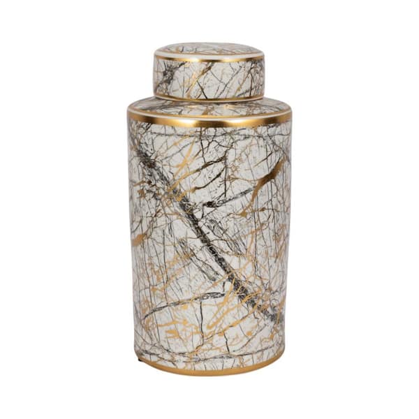 Liv & Skye 16 in. White Ceramic Jar with Gold Lid