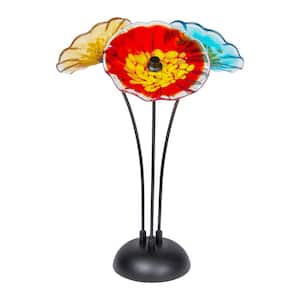 Fiore Bloom Multi Color HandBlown Art Glass 3Plate Sculpture with Metal Stand for Indoor and Outdoor 22 in. Tall