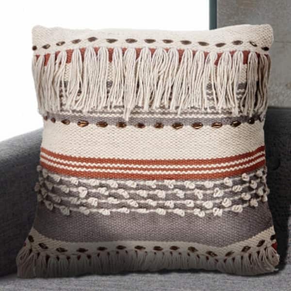 LR Home Chic Fringe Beige Striped Hypoallergenic Polyester 18 in. x 18 in. Throw Pillow