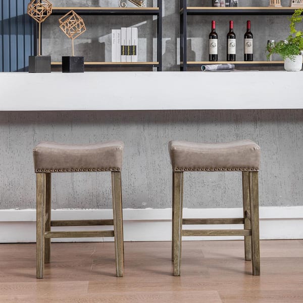 ANBAZAR 26 in. Gray Backless Wood Faux Leather Cushioned Barstools