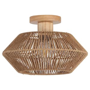 Semiko 12.6 in. 1-Light Brown Hand-Woven Rattan Caged Semi Flush Mount Ceiling Light With Shade