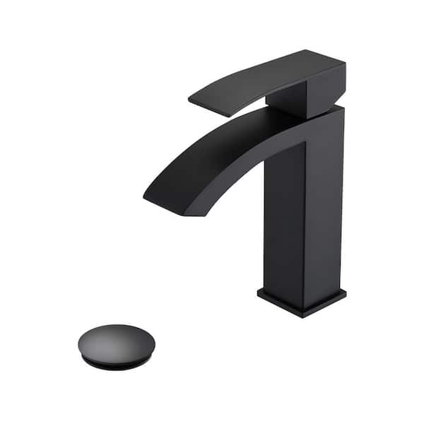Unbranded Single Handle Single Hole Waterfall Spout Bathroom Faucet with Pop-Up Drain and Spot Resistant in Matte Black
