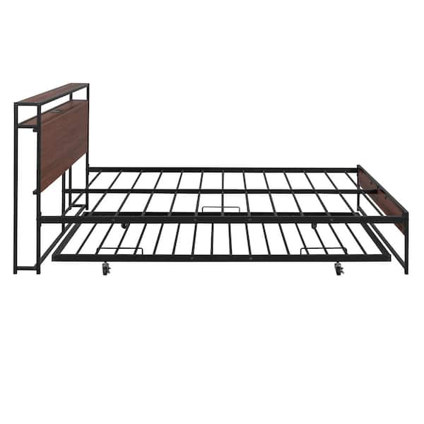 Black Metal Frame Queen Size Platform Bed with Twin Size Trundle, USB Charging Station, Storage Shelves