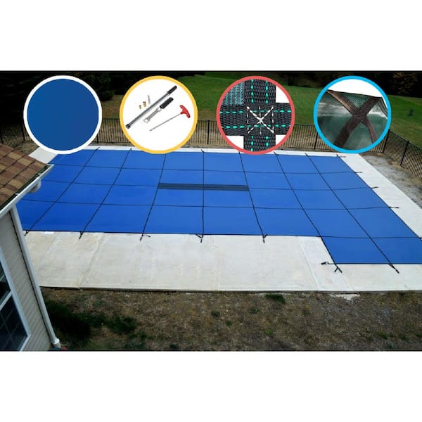 Water Warden 16 ft. x 32 ft. Rectangle Blue Solid In-Ground Safety Pool Cover Right Side Step, ASTM F1346 Certified