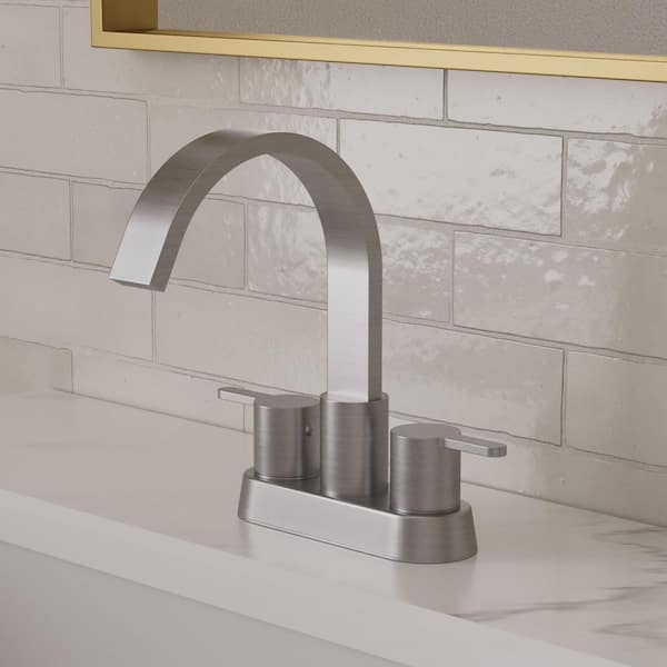 GRANDJOY 4 in. Waterfall Centerset Double Handle High Arc Bathroom Faucet 1.0 GPM in Brushed Nickel Valve Included