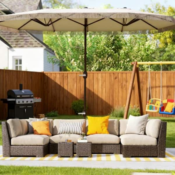 cream rectangular patio umbrella 15 ft. Cream White Spacious Extra Large Outdoor Umbrella Rectangle Patio  Umbrella with Fringe and Crank Handle San-17