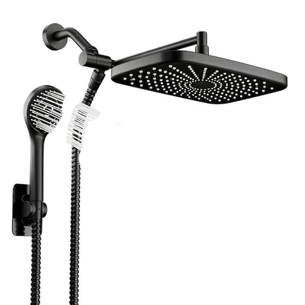 1-Piece Bath Hardware Set with Wide Rain and 5-Mode Handheld Shower Head Combo with Extension Arm in Matte Black