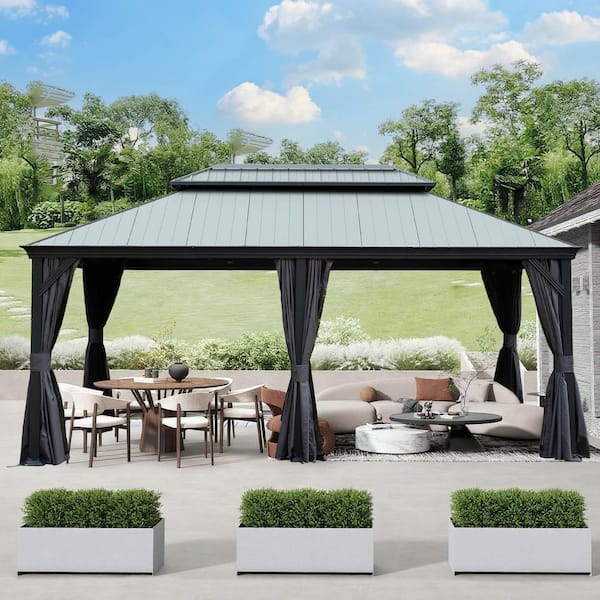 Domi Outdoor Living 12′ X 12′ Hardtop Gazebo – Aluminum/Steel, Gray, W/ Curtains & Netting