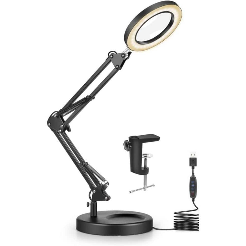 2 in 1 10x Magnifier Glass with Light and 5 Color Modes LED Desk Lamp in Bl