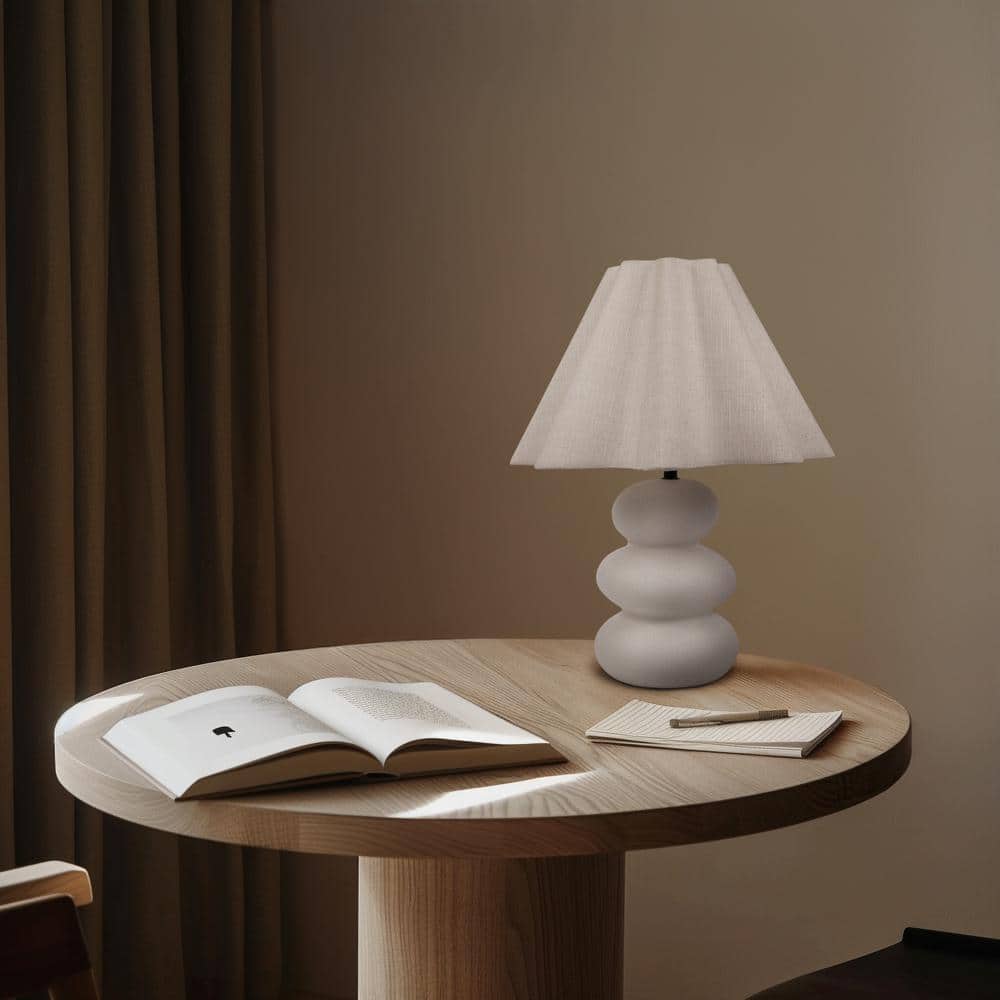 Tall White Ceramic Table Lamp with Beige Linen Shade