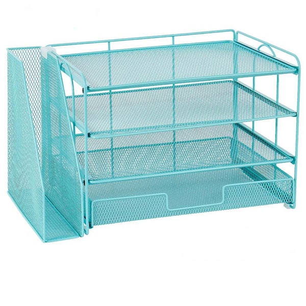 Teal Blue 15.5 in. x 9.3 in. Metal 4-Tier Desk Organizer with Drawer and 2 Pen Holders