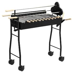 Portable Charcoal/Wood Grill in Black Finish with Steel Rotisserie Large/Small Skewers Height Adjustable with 4 Wheels