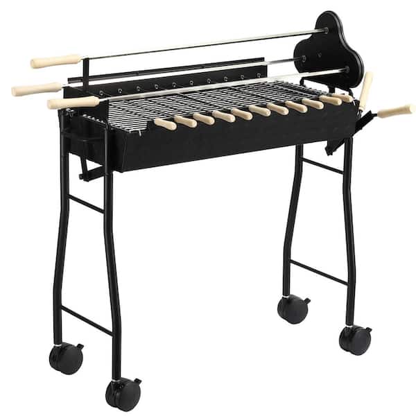 ITOPFOX Portable Charcoal/Wood Grill in Black Finish with Steel Rotisserie Large/Small Skewers Height Adjustable with 4 Wheels