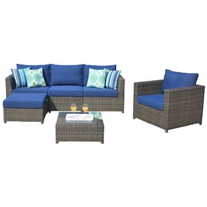 Ontario Lake Gray 6-Piece Wicker Outdoor Patio Conversation Seating Set with Navy Blue Cushions