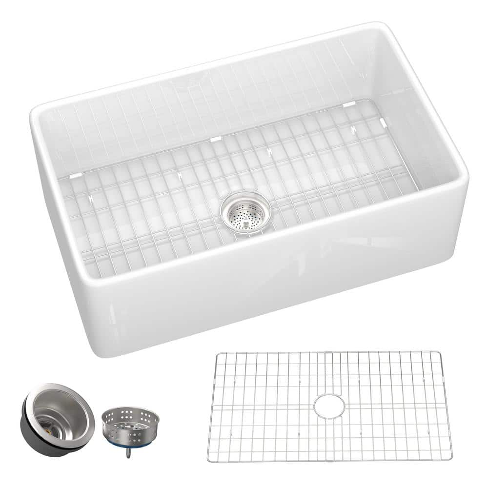 33" White Fireclay Farmhouse Apron-Front Kitchen Sink with Accessories