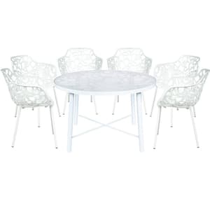 7-Piece Aluminum Outdoor Patio Dining Set with Glass Top Table and 6 Stackable Armchairs (White) Devon