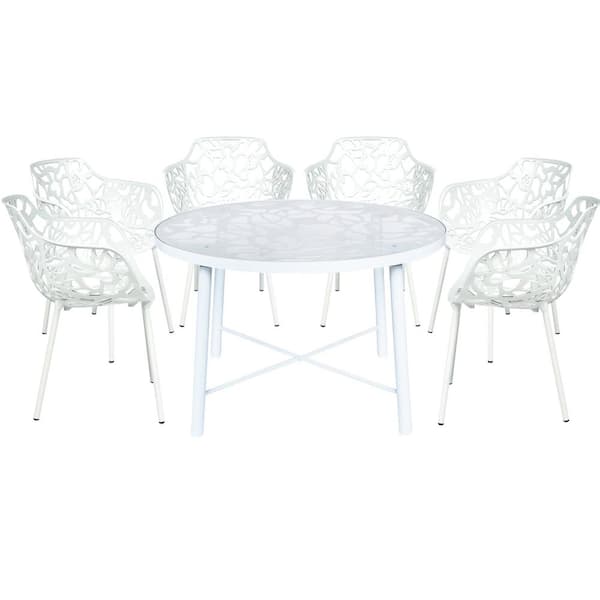 Leisuremod 7-Piece Aluminum Outdoor Patio Dining Set with Glass Top Table and 6 Stackable Armchairs (White) Devon