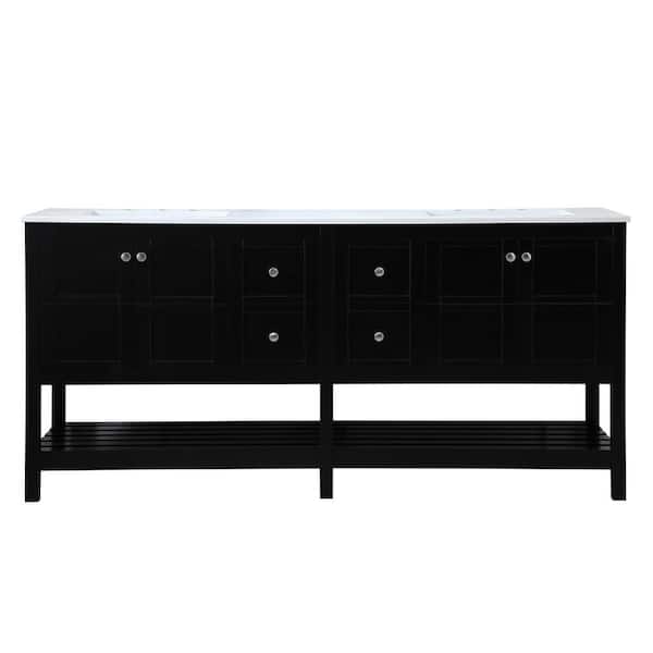 Unbranded Simply Living 72 in. Double Bathroom Vanity in Black with Quartz Vanity Top in Calacatta White