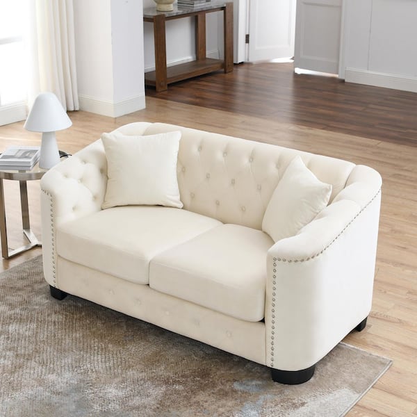 Modern 59 in. Velvet 2-Seater Chesterfield Sofa Loveseat in Beige with Tufted Back and Nailhead Trim