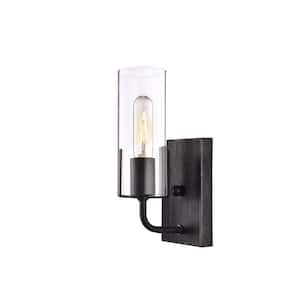 Hellen 4.3 in. 1-Light Antique Black Wall Sconce with Clear Glass Cylinder