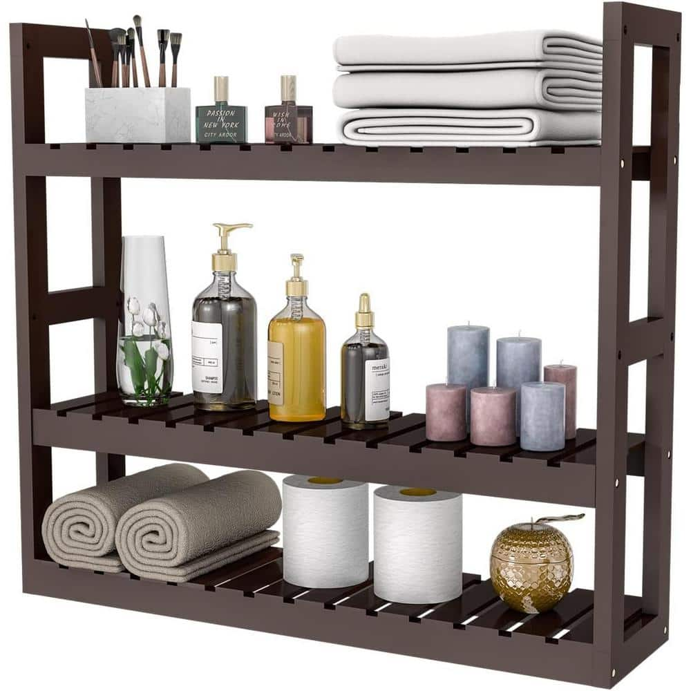 Dracelo 23.62 in. W x 5.91 in. D x 21.26 in. H Walnut Bathroom Bamboo Shelf Organizer - 3 Tier Storage Shelf, Brown