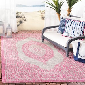 Courtyard Light Gray/Fuchsia 2 ft. x 4 ft. Border Indoor/Outdoor Patio Area Rug