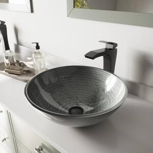 Glass Round Vessel Bathroom Sink in Silver with Blackstonian Faucet and Pop-Up Drain in Matte Black