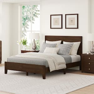 Lazio Mid-Century Brown Walnut Solid Wood Frame Full Size Platform Bed Frame with Headboard Wooden Slat Support