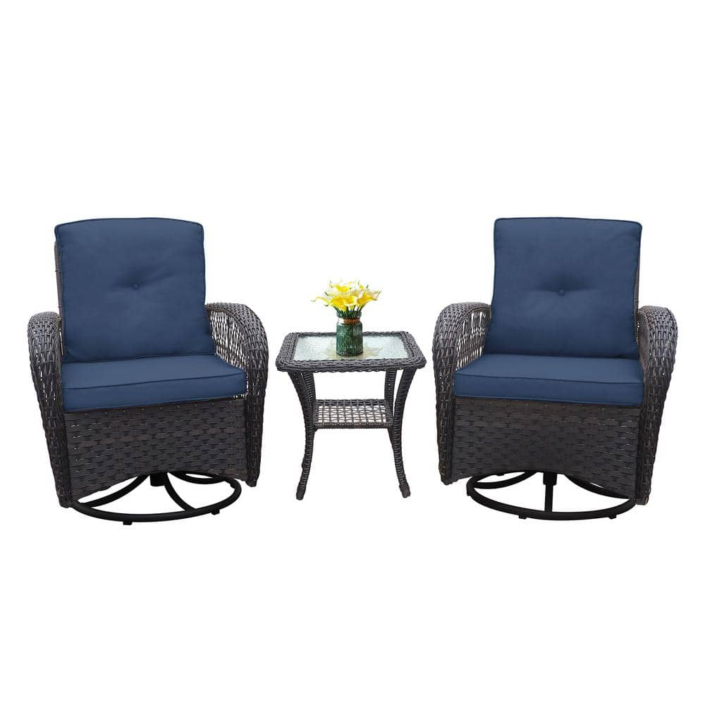 3-Piece Dark Brown Wicker Outdoor Rocking Chair Set Swivel Chair with Navy Blue Cushions, Glass Top Side Table for Porch -  Zeus & Ruta, HSC-717