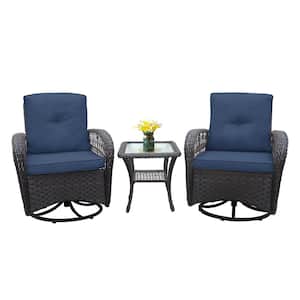 3-Piece Dark Brown Wicker Outdoor Rocking Chair Set Swivel Chair with Navy Blue Cushions, Glass Top Side Table for Porch