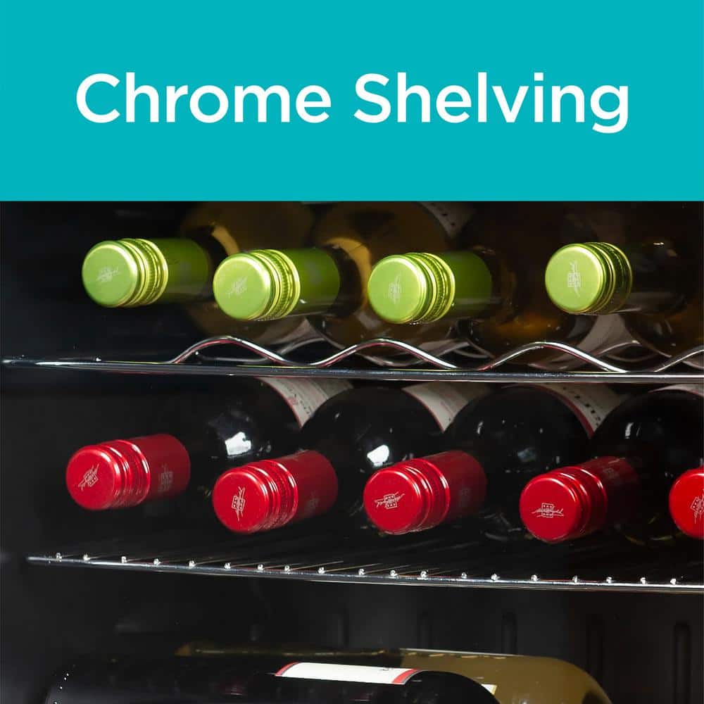 Black Freestanding 14-Bottle Wine Fridge with Chrome Shelving