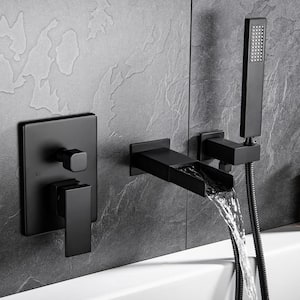 Single-Handle Wall Mount Roman Tub Faucet with Hand Shower in Matte Black Ceramic Disc (Valve Included)
