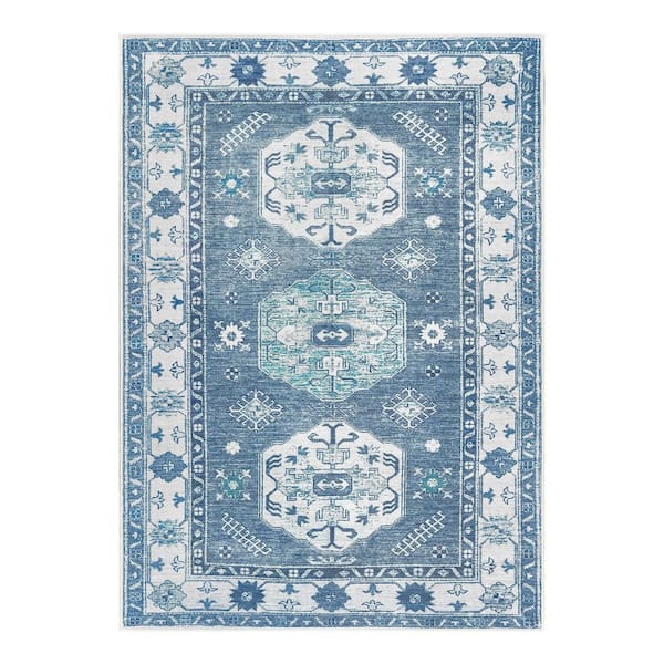 Shary Blue/White Washable Rug 5 ft. x 7 ft. Area Rug