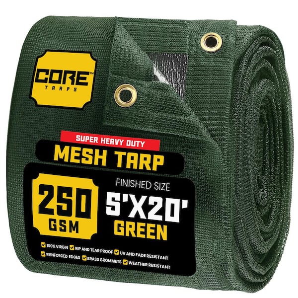 5 ft. W x 20 ft. L Green 250 GSM 7.5 oz. Heavy Duty Mesh Tarp, UV Resistant