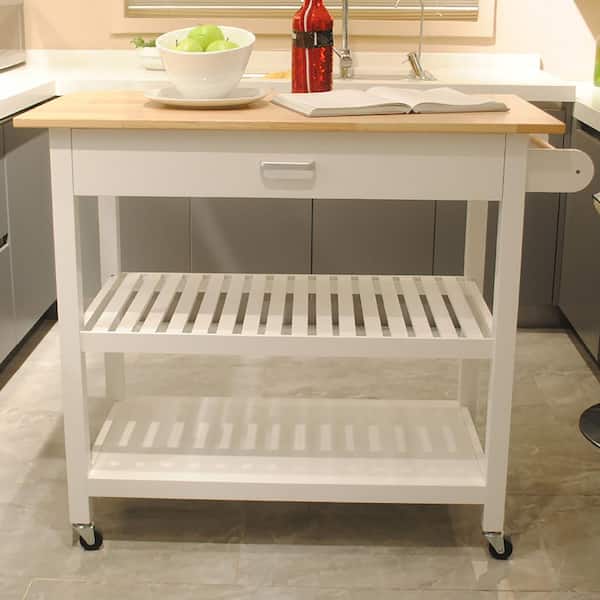 Staykiwi White MDF Kitchen Cart with 2-Lockable Wheels, Rubber Wood Top