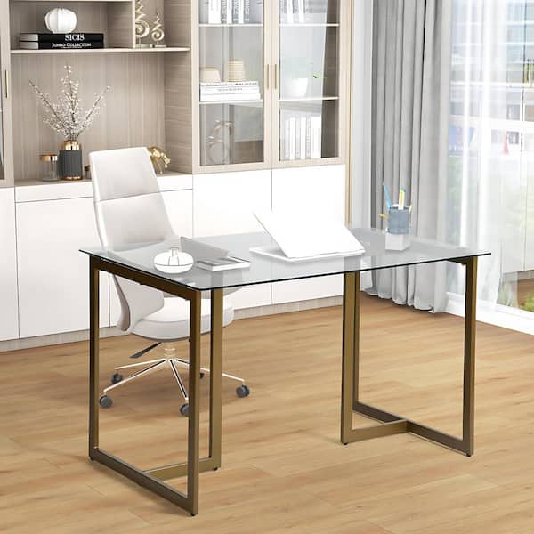 Homy Casa Slip 47 in. Rectangular Clear Glass Top Elegant Computer Desk with Golden Base SLIP GLASS GOLD LEG 120 - The Home Depot Homy Casa Slip 47 in. Rectangular Clear Glass Top Elegant Computer Desk with Golden Base SLIP GLASS GOLD LEG 120 - The Home Depot