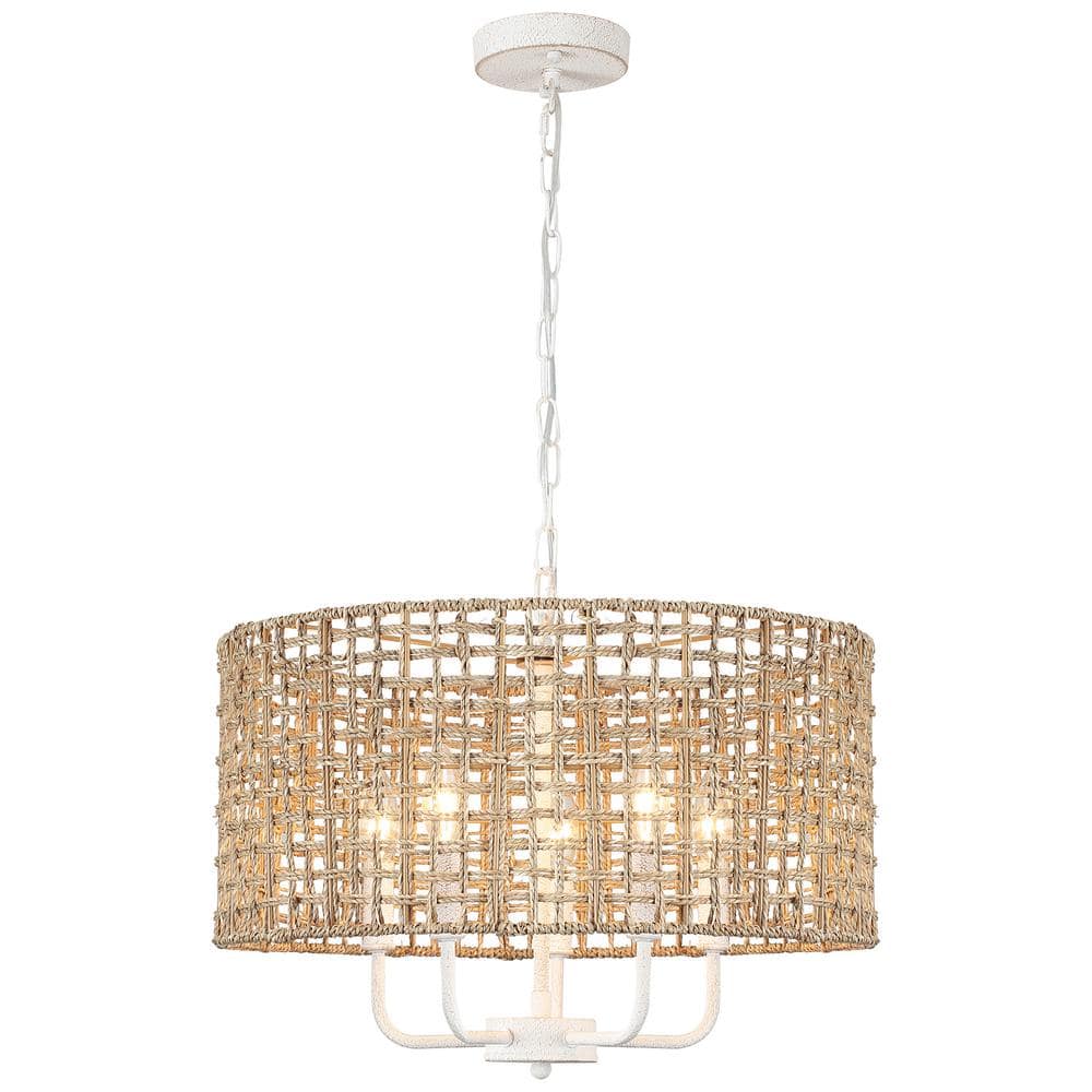 5-Light Distressed White Round Rattan Pendant Design Drum Chandelier with H