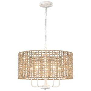 5-Light Distressed White Round Rattan Pendant Design Drum Chandelier with Hand Woven Shade