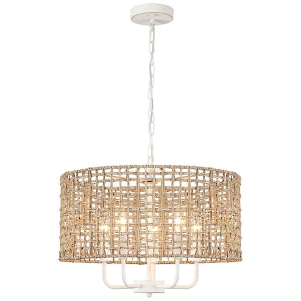 5-Light Distressed White Round Rattan Pendant Design Drum Chandelier with Hand Woven Shade