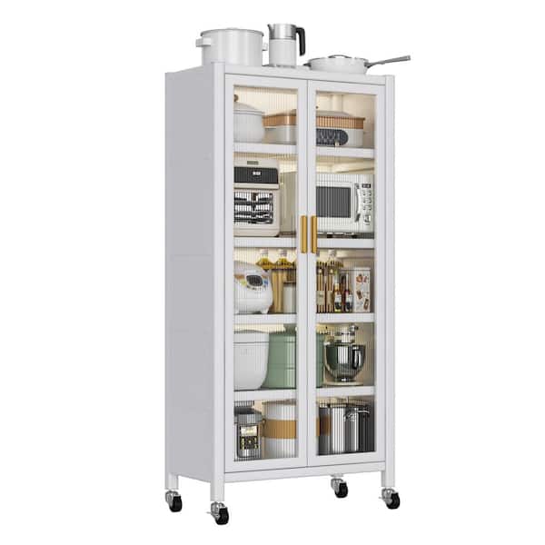 FUNKOL 5-Tier Open Door White Metal Kitchen Shelf with Alloy Universal Wheels