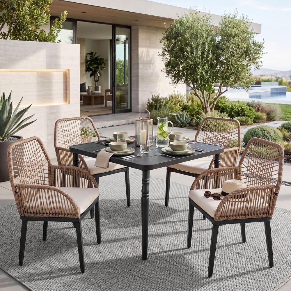 Black 5-Piece Rattan and Metal Square Outdoor Dining Set with Beige Zippered Cushions, Umbrella Hole price history on PriceWatchPro