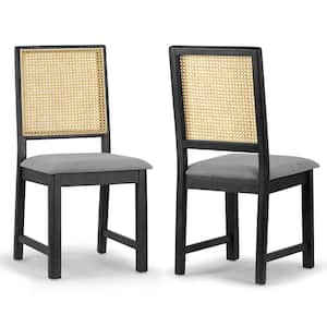 Baines Gray Fabric Dining Chair with High Rattan Back and Black Wood Legs Set of 2