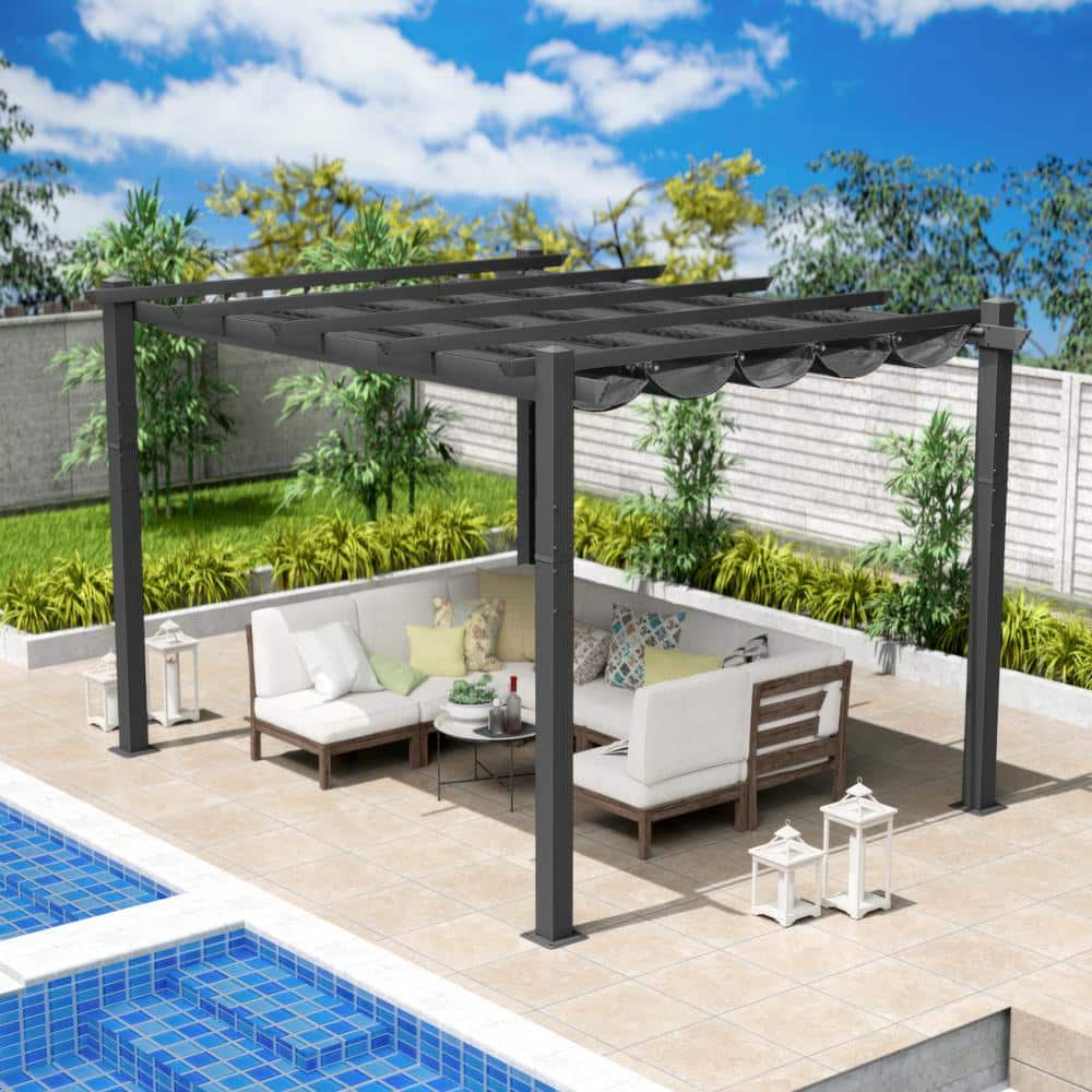 Gray Aluminum Frame Pergola with Sunshade Canopy, 10ft x 12ft