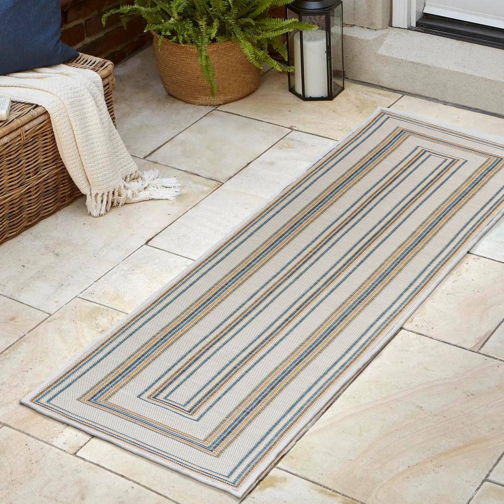 Navy and Cream Flat Woven Synthetic Reversible Runner Rug, 2 x 8