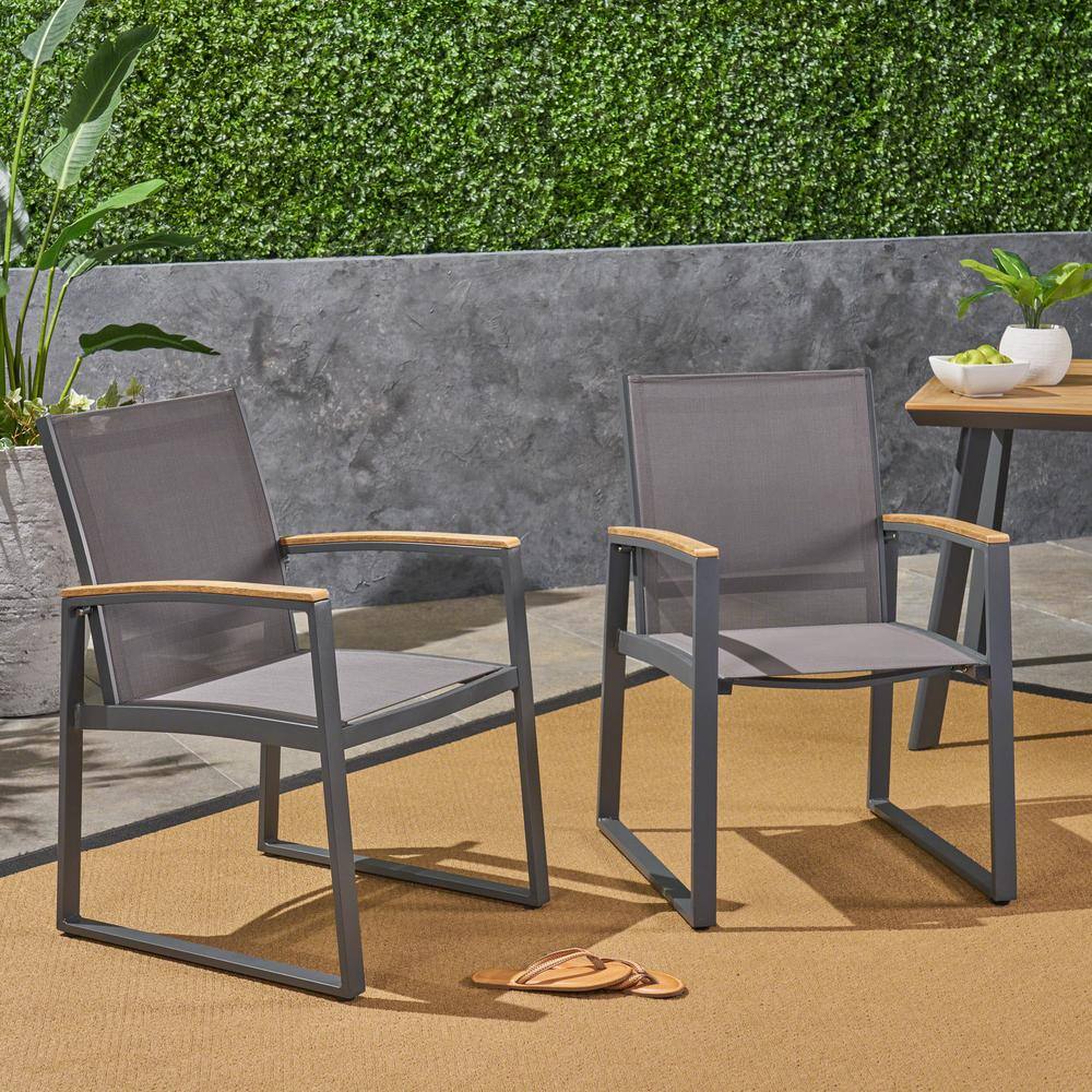 Aubrey Gray Aluminum Outdoor Dining Chairs with Faux Wood Accents, Set of 2