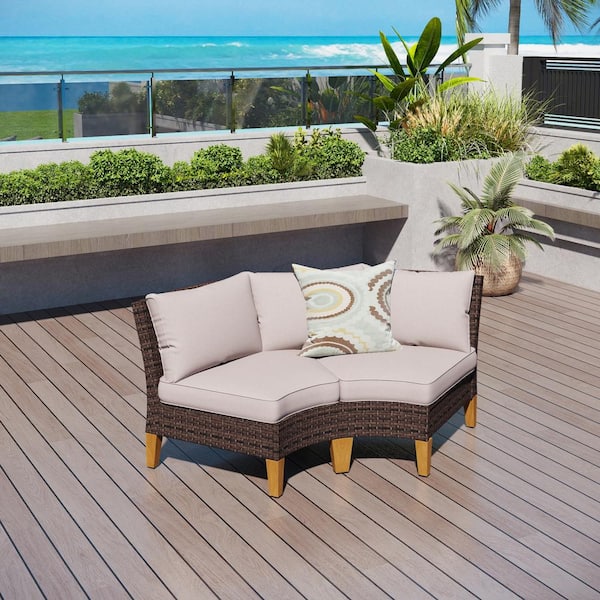 PHI VILLA Dark Brown Rattan Wicker Outdoor Patio Fan-Shaped Lounge Chairs with Beige Cushions (2-Pack)