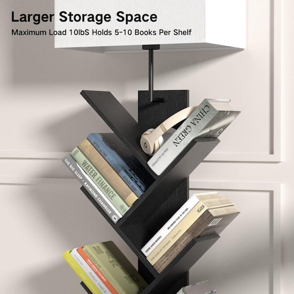 60 in. Black Standard 1-Light Dimmable Tree Shape Bookshelf Floor Lamp with Color Temperature and Linen Shade